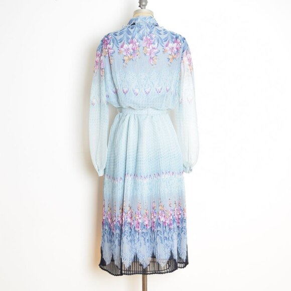 vintage 80s dress blue floral border print secretary belted pleated midi L - Picture 10 of 13
